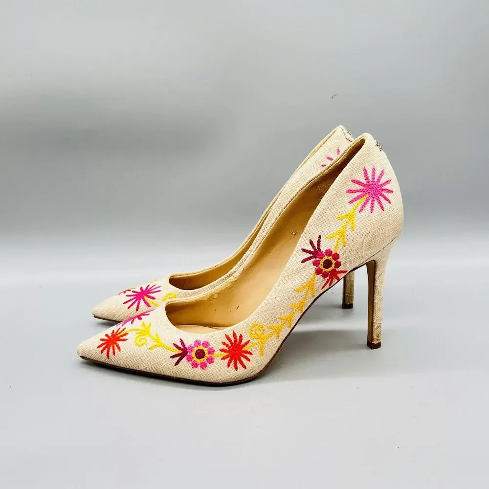 Sam Edelman Shoes Womens 8.5 Beige Hazel Linen Floral Embroidered Stiletto Pumps